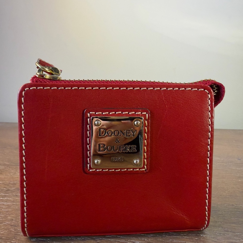 Dooney & Bourke Red Leather Wallet, lined with Floral Pattern, Leather Key Leash